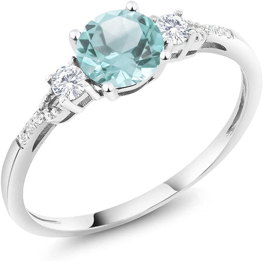 10K White Gold Sky Blue Topaz White Created Sapphire and Diamond Accent 3-Stone