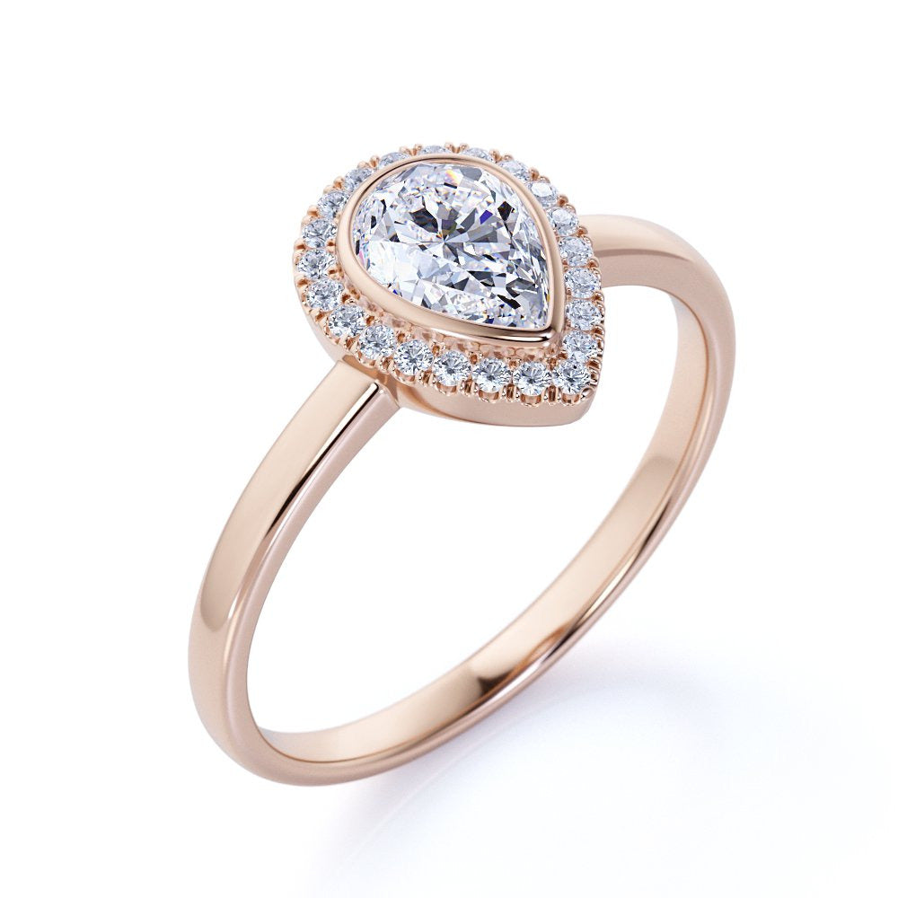 Bezel Set Halo Pear Shaped Diamond Solitaire Wedding Ring in 10K Rose Gold