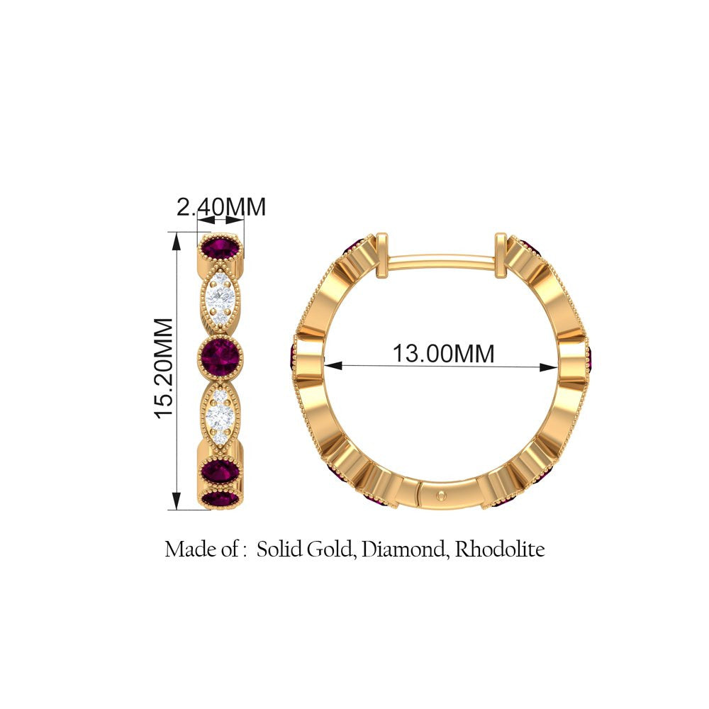 0.75 CT Rhodolite and Diamond Hoop Earrings, Rhodolite Vintage Earrings, Hoop Ea