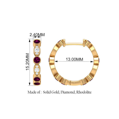 0.75 CT Rhodolite and Diamond Hoop Earrings, Rhodolite Vintage Earrings, Hoop Ea