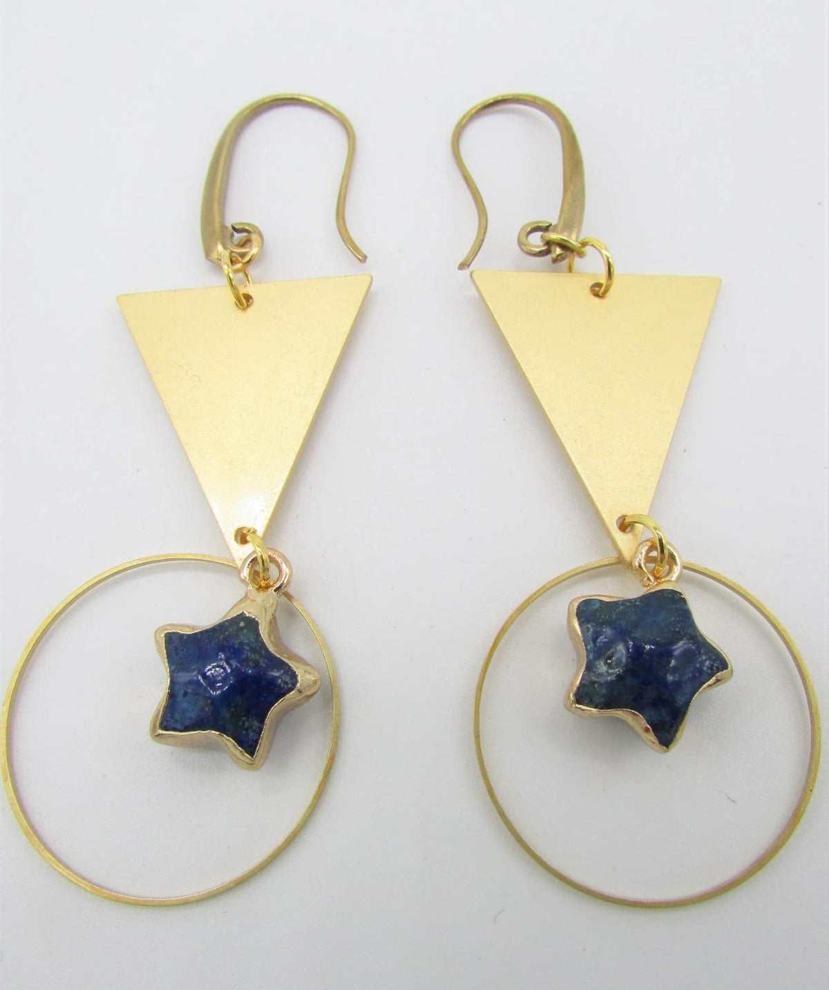 Lapis Lazuli Star Dangles with Brass Triangles & Hoop Links Raw Brass Earrings