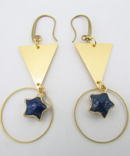 Lapis Lazuli Star Dangles with Brass Triangles & Hoop Links Raw Brass Earrings