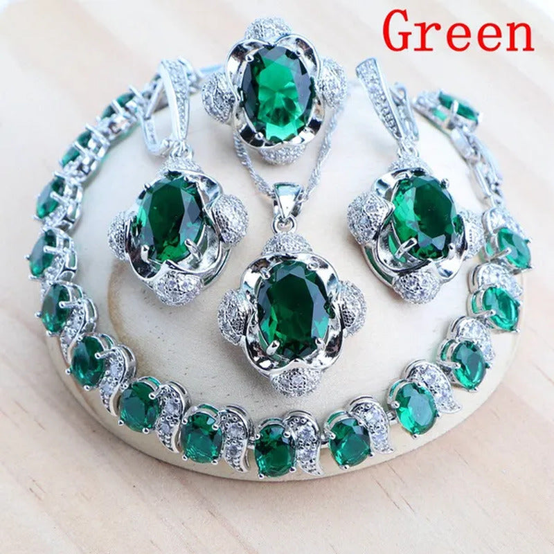 925 Silver Blue/Green/Purple/Rainbow Zirconia Bridal Jewelry Set for Women Brace