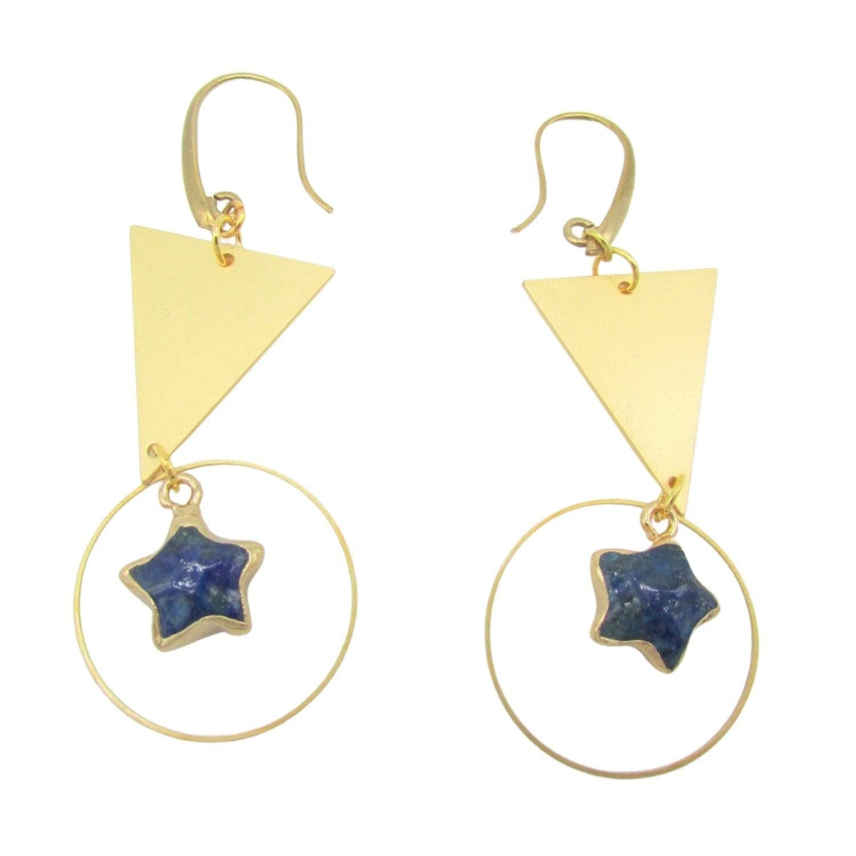 Lapis Lazuli Star Dangles with Brass Triangles & Hoop Links Raw Brass Earrings