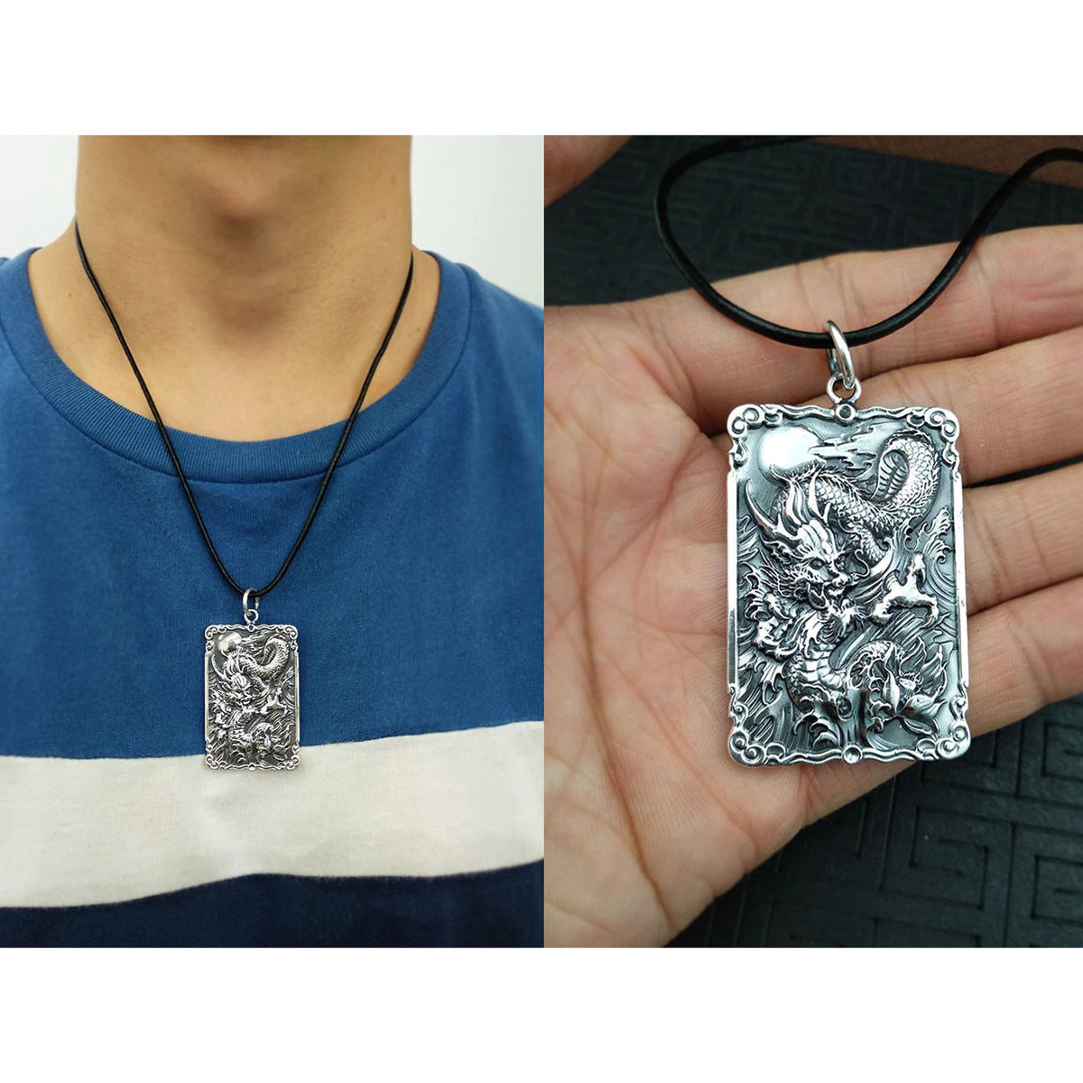 Sterling Silver 990 Vintage Auspicious Clouds Square Pendant for Men Carved