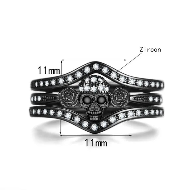 Skull Roses Ring Set Zircon Crystal Black Fashion Wedding Jewelry Gift Rings