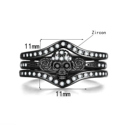 Skull Roses Ring Set Zircon Crystal Black Fashion Wedding Jewelry Gift Rings