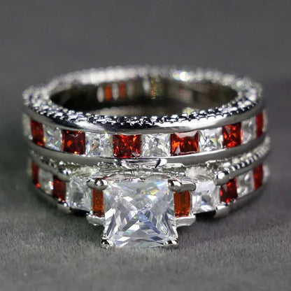 Two Rings Couple Ring His Hers Three-Stone Ring White Gold Plated Ruby CZ Womens