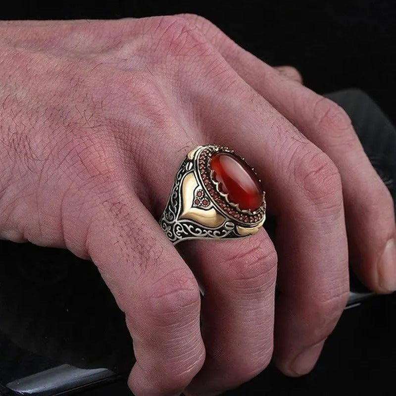 New Retro Two Tone 925 Silver Carved Ruby Inlaid Ring Big Gem Luxury Mens Party