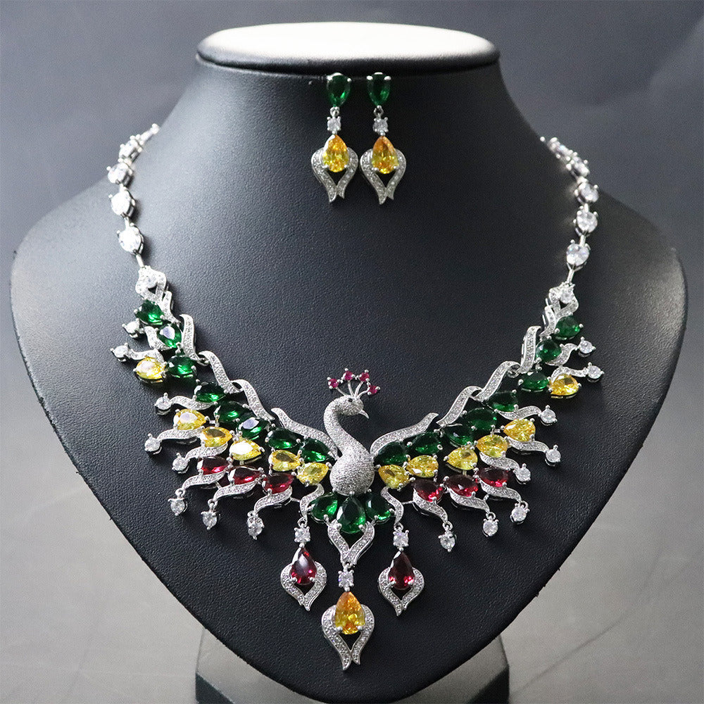 Ethnic Style Zircon Peacock Earring Set Tassel Colorful Clavicle Necklace Jewelr