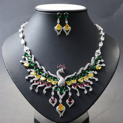 Ethnic Style Zircon Peacock Earring Set Tassel Colorful Clavicle Necklace Jewelr