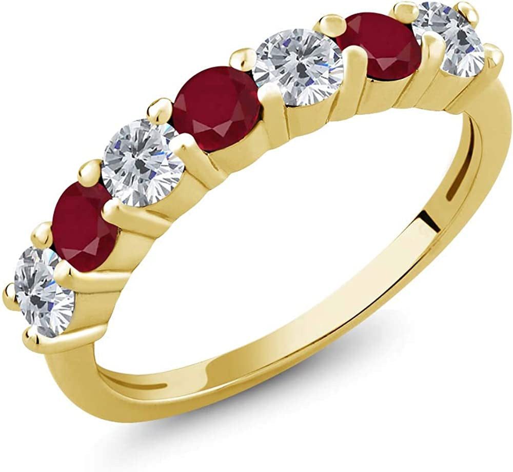 18K Yellow Gold Plated Silver round Diamond and Red Ruby Anniversary Ring for Wo