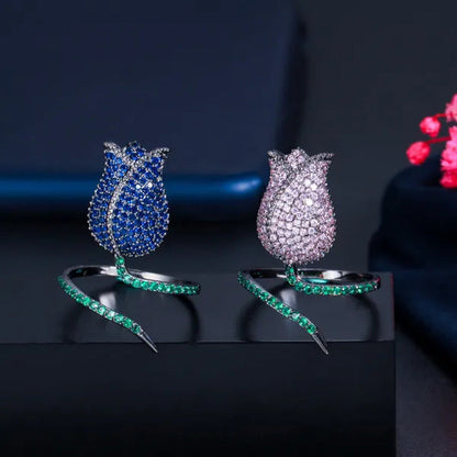 CANDICE Unique Finger Jewelry Micro Pave Pink Green Cubic Zirconia Black Gold Pl
