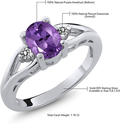 925 Sterling Silver Amethyst and White Diamond 3-Stone Women'S Ring (1.16 Cttw,