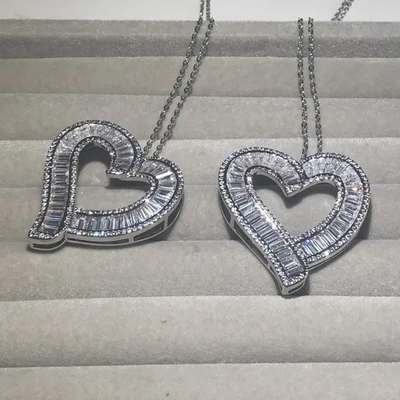 Luxury Silver White Topaz Heart Pendant Chain Necklace Women Sparkling Princess-