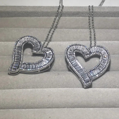 Luxury Silver White Topaz Heart Pendant Chain Necklace Women Sparkling Princess-