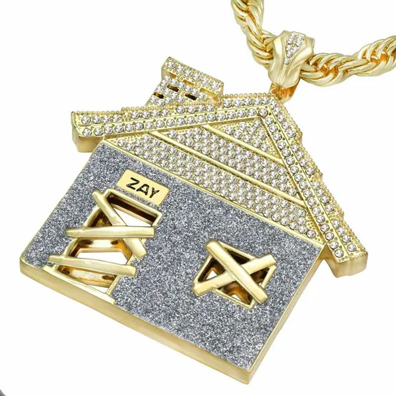 Hip Hop Luxury Diamond Jewelry Mens 14K Gold Plated Huge Trap House Pendant / 10