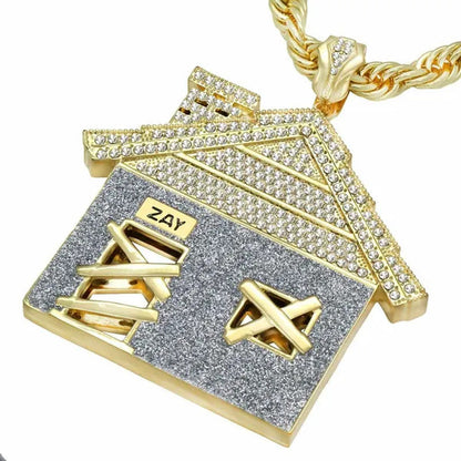 Hip Hop Luxury Diamond Jewelry Mens 14K Gold Plated Huge Trap House Pendant / 10
