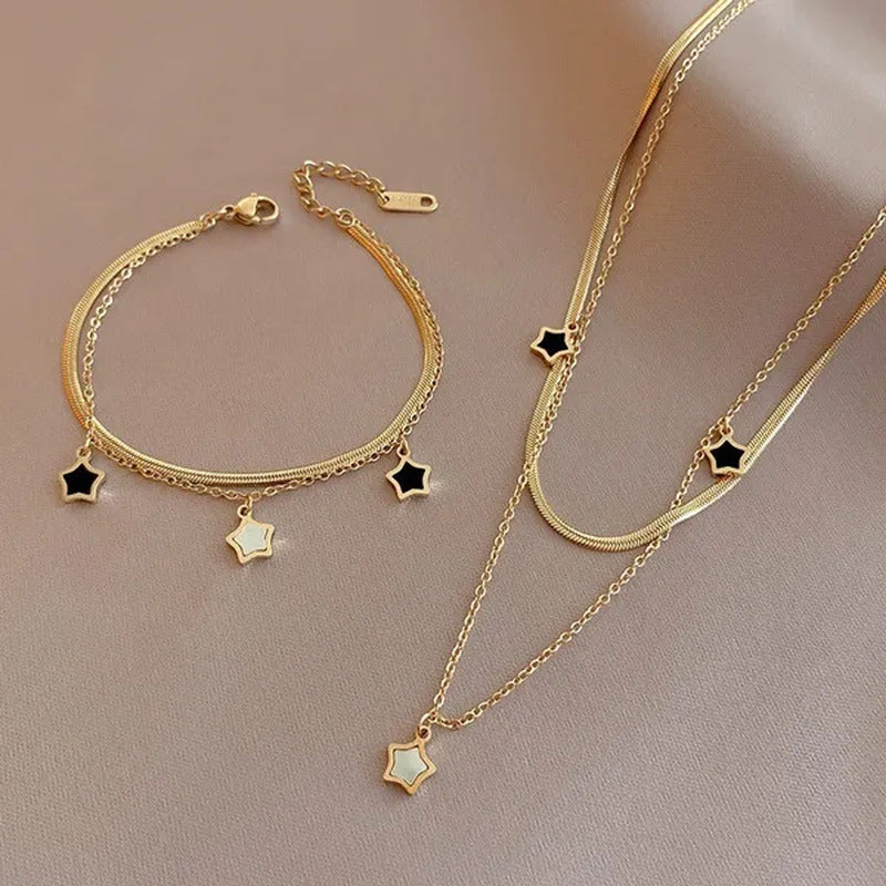 Double Layer Enamel Star Pendant Necklace for Women Bracelet 2021 Trendy Party F
