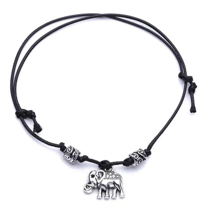 Vintage Elephant Beaded Anklet Handmade Black Rope Chain Ankle Bracelet for Wome