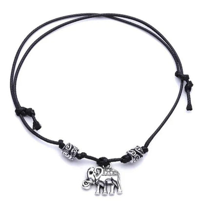 Vintage Elephant Beaded Anklet Handmade Black Rope Chain Ankle Bracelet for Wome