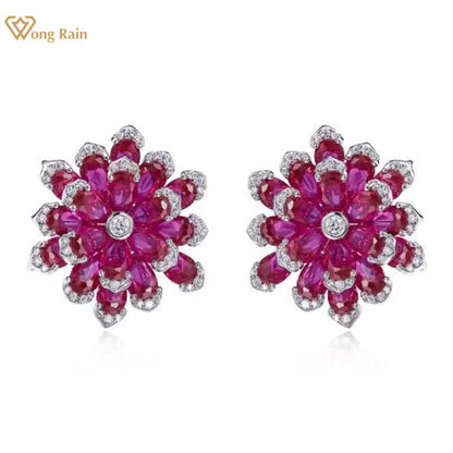 Luxury 100% 925 Sterling Silver Ruby High Carbon Diamonds Gemstone Flower Ear