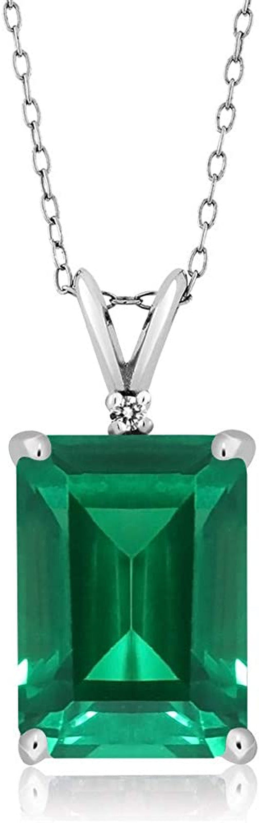925 Sterling Silver Green Simulated Emerald and White Diamond Pendant Necklace f