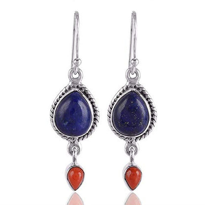 Solid 925 Sterling Silver Earrings for Women, Natural Lapis Lazuli, Coral Earrin