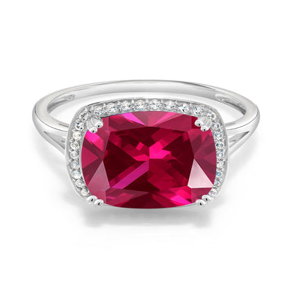 8.27 Ct Cushion Red Created Ruby White Created Sapphire 10K White Gold Ring