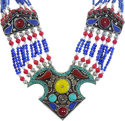 Tibetan Multi Strand Lapis Lazuli Amber Coral Beads Handmade Ethnic Tribal Gypsy