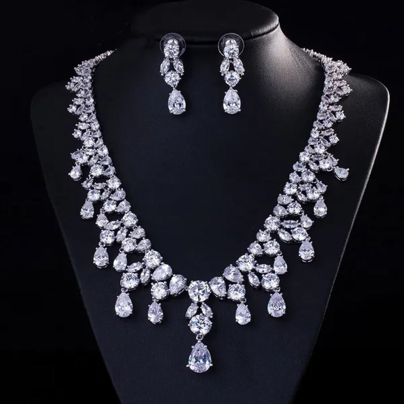 CANDICE Gorgeous Multi Cut CZ Diamond Water Drop Tassel Necklace Earrings Set Hi