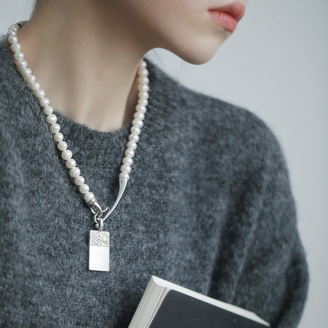 S925 Silver White Pearl round Bead Hook Necklace about 50CM