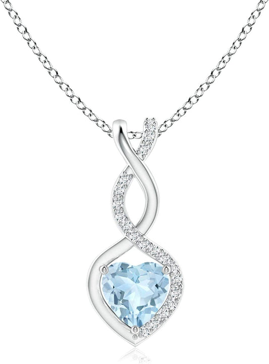 Natural Aquamarine Infinity Heart Pendant Necklace for Women, Girls with Diamond