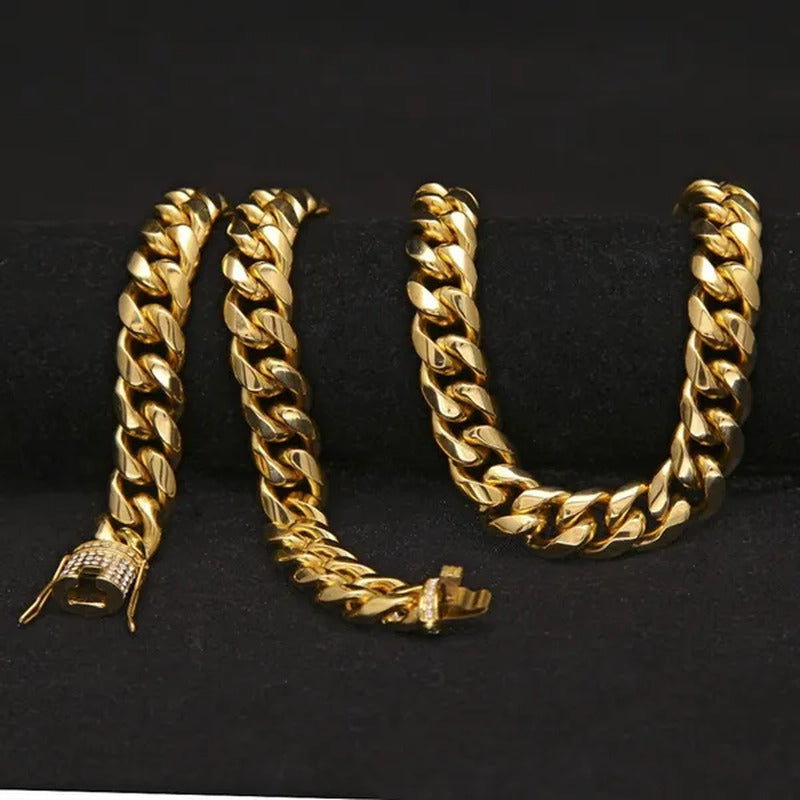 24K Gold 316L Stainless Steel Miami Cuban Link Chain with Heavy Duty Diamond Cla