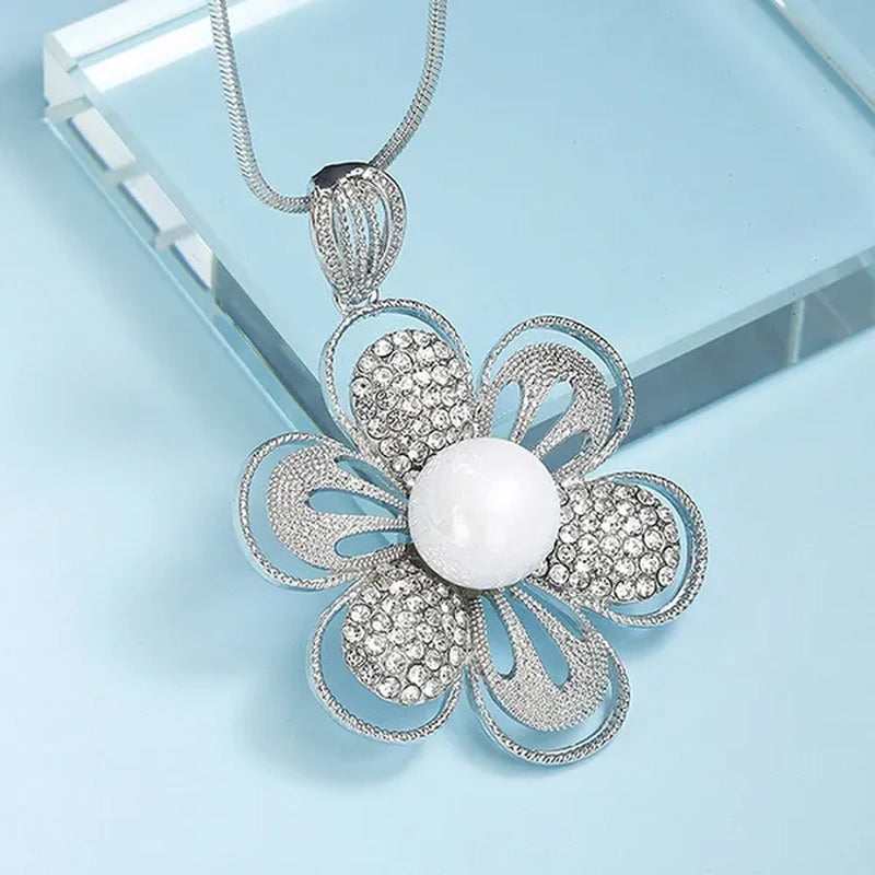 Fashion All-Match Dress Diamond Large Flower Highlight Pearl Sweater Chain Long