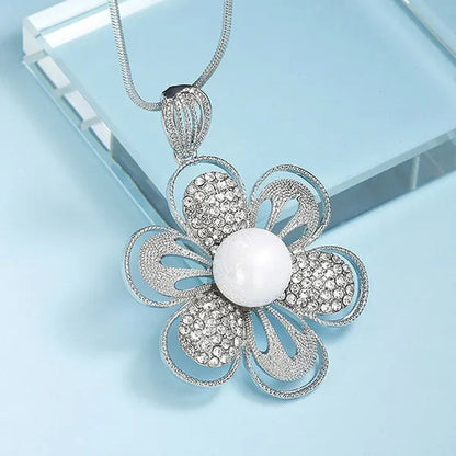 Fashion All-Match Dress Diamond Large Flower Highlight Pearl Sweater Chain Long
