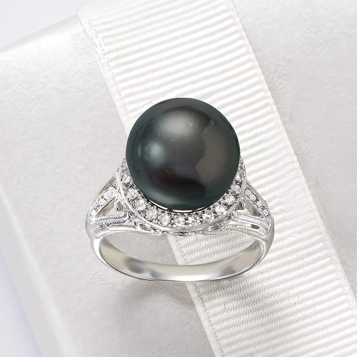 11-12Mm Black Cultured Tahitian Pearl Ring with .20 Ct. T.W. White Topaz in Ster
