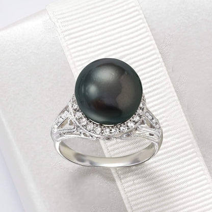 11-12Mm Black Cultured Tahitian Pearl Ring with .20 Ct. T.W. White Topaz in Ster