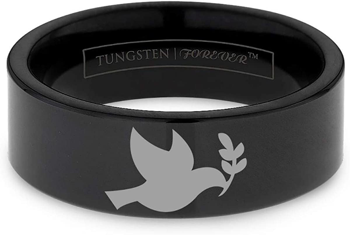 Virgil Dove and Olive Branch Peace Design Black Tungsten Ring 6Mm 8Mm 10Mm