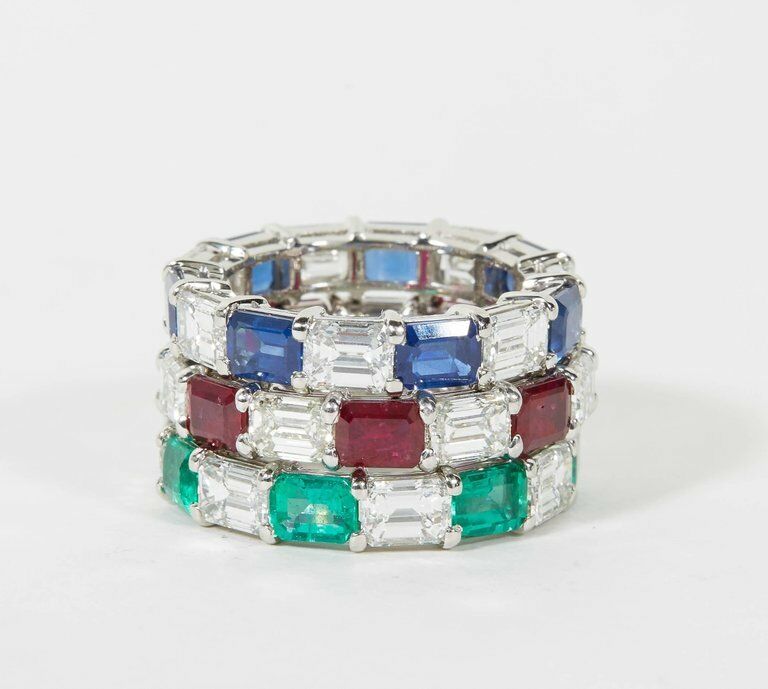 Emerald Sapphire Ruby and Diamond Emerald Cut Eternity Bands