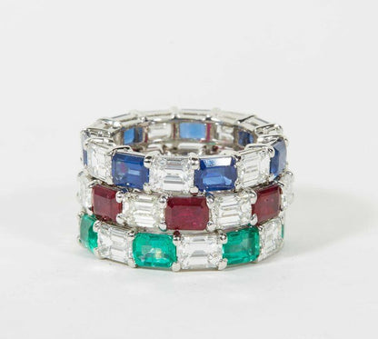 Emerald Sapphire Ruby and Diamond Emerald Cut Eternity Bands