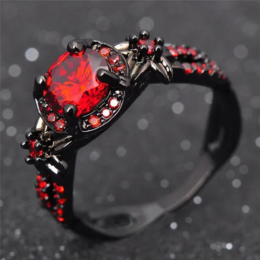 Exquisite Flower Shiny Red Garnet Ring Fashion Jewelry Vintage Black Gold Filled