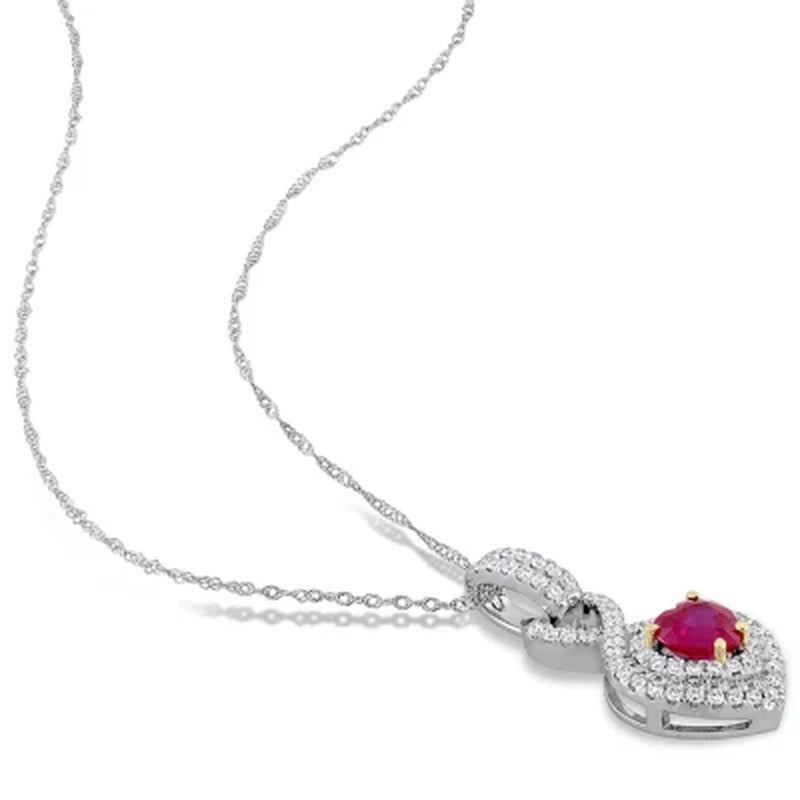 Ruby and 0.28 CT. Diamond Double Halo Infinity Heart Pendant in 14K White Gold