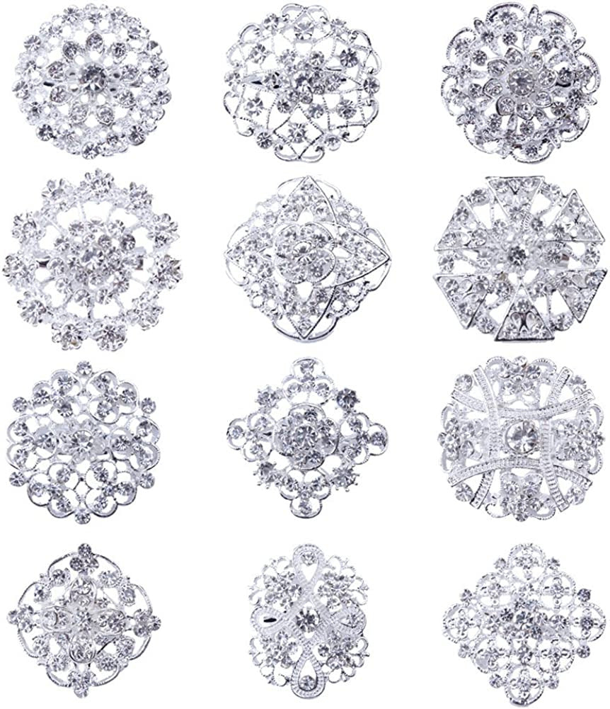Lot 12Pc Clear Rhinestone Crystal Flower Brooches Pins DIY Wedding Bouquet Broac