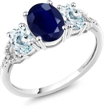 10K White Gold Oval Blue Sapphire Sky Blue Aquamarine and Diamond Accent 3-Stone