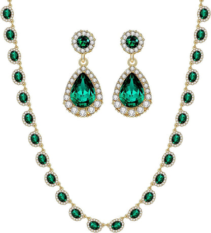 Crystal Bridal Jewelry Set Statement Choker Necklace Teardrop Dangle Earrings Se