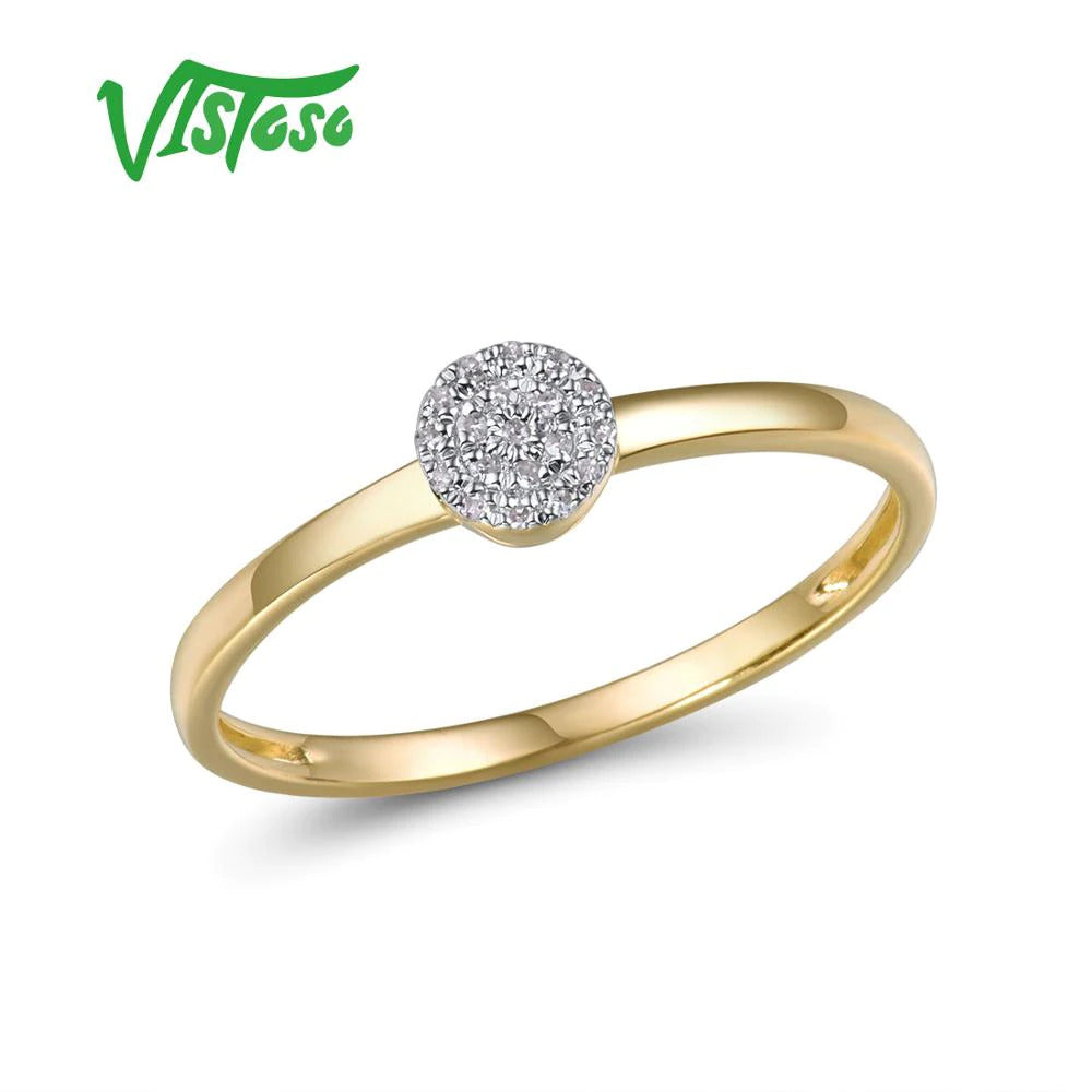 Pure 14K 585 Yellow Gold Sparkling Diamond Dainty round Cirle Ring for Women
