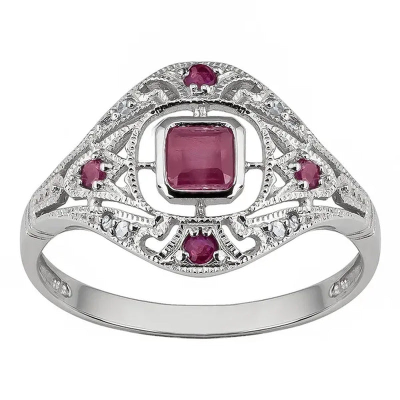 10K White Gold Vintage Style Genuine Ruby and Diamond Ring