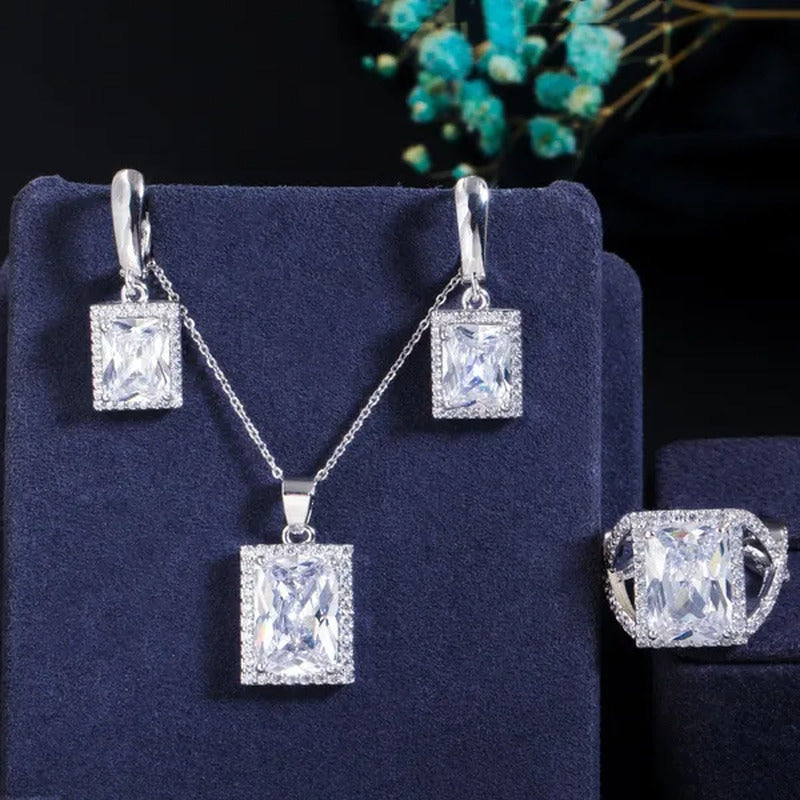 Gloriya Elegant Amethyst Purple CZ Square Pendant Chain Necklace Earrings and Ri
