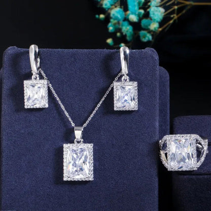 Gloriya Elegant Amethyst Purple CZ Square Pendant Chain Necklace Earrings and Ri